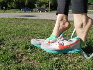 Shoeplay with Sneakers at the Park -- PreparingSmelly Socks for_Shipping