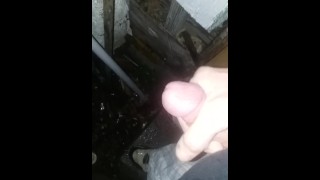 Quickie outside in the thunderstorm. Risky public masturbating in the rain.