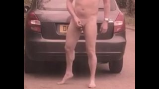 Full nude wank with Cumshot by side of road next to a dog walkers car