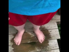 Peeing my Red Shorts on the Porch