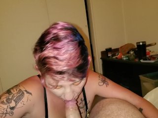 blue hair, blowjob, pink hair, throat fuck