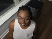 Preview 1 of Thick Ebony Girlfriend sucks cock as neighbors watch