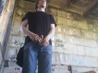 Outdoor Wank and Cum in Ruined Building