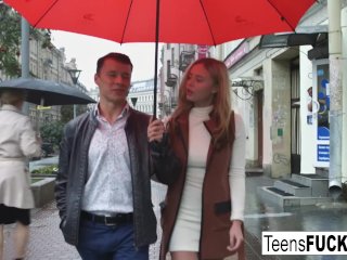 Busty blonde teen seduces him in a white dress