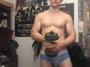 Preview 1 of Chris Wild doing biceps curls and masturbates his big cock