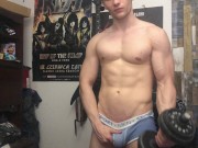 Preview 4 of Chris Wild doing biceps curls and masturbates his big cock