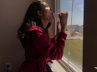 HOME ALONE HORNY DESI SLUT SUCKS AND FUCKS DILDO ON WINDOW