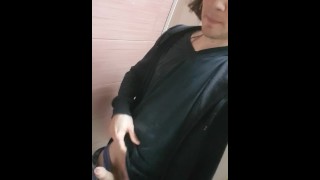 Long hair boy wank and cum in public toilet in shopping center