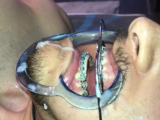 muscular men, masturbation, braces headgear, braces cum swallow