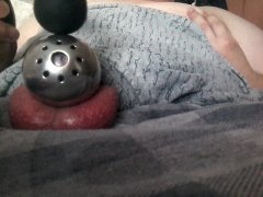 Cumming in chastity cage with a vibrator and eating the mess