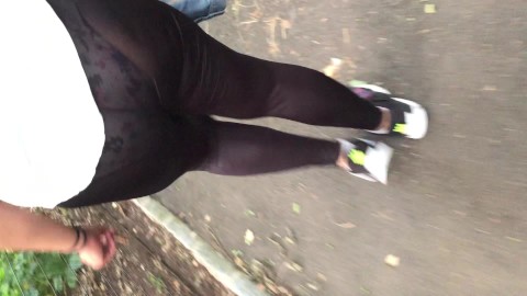 Wife walking in see through leggings in the park visible flower panties