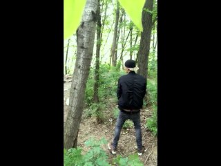 Bad boy jerks while smoking cigarette in a forest - almost caught - so his balls stay full