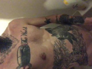 shower, big white cock, solo male, tattooed man