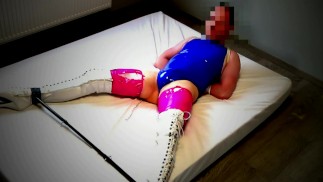 Self bondage in blue pu string body and ballet boots