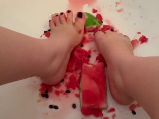 solo female, footjob, food fetish, watermelon