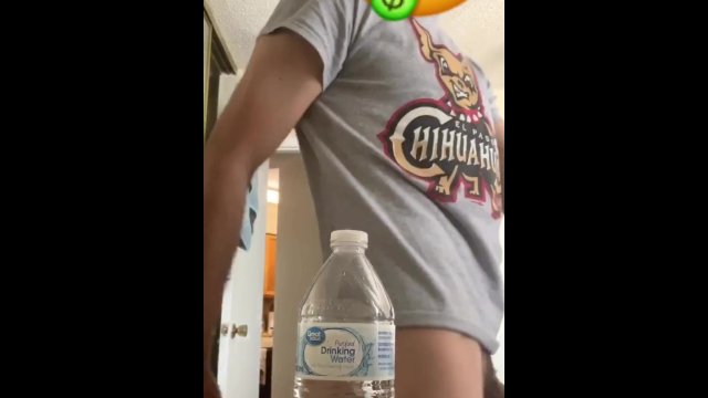 Bottle cap challenge with big flaccid cock