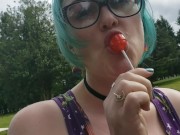 Preview 1 of Seattle Ganja Goddess the Queen of Pussy Pops sucking lollipops: Cemetery Halloween licking candy