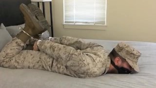 Marine Hogtied In Uniform With Cuffs And Gags