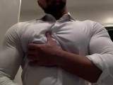 Ripping my white shirt while flexing my big muscle pecs and biceps