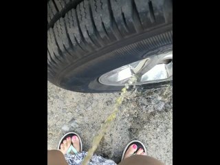 Country Girl Stamds and Pees On Truck Tire