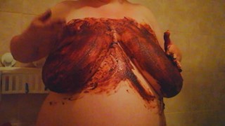 BBW spreading chocolate gateau all over my large breasts