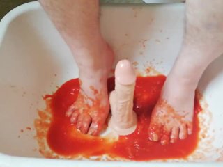 dildo, solo female, sexy feet, tomato