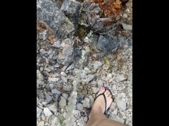 Girl On Nature Walk Stops To Piss On Stump