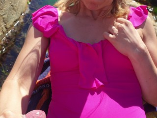 Candycherry7, risky sex and huge cumshot on a public beach and voyeur
