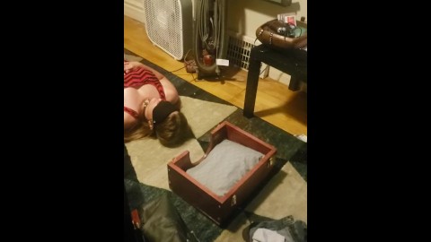 girlfriend locked in box, gets ignored and farted on.