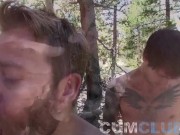 Preview 5 of Cum Club: Outdoor Raw Group Fucking - Mountain Barebacking 3-way Cum Swap