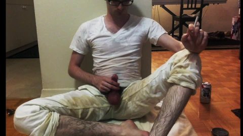 Hairy twink smokes and pisses all over white pants