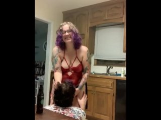 Curvy milf with a strap on gets sub to suck her cock and call her daddy