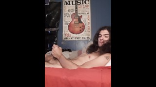 long haired  strokes to huge cum shot