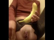 Preview 3 of fucking my shaven wet pussy through ripped leggings with a banana