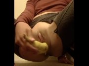 Preview 6 of fucking my shaven wet pussy through ripped leggings with a banana