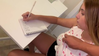 Brother fucks his stepsister while doing homework and cums in her mouth