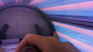 Solo male, cock play, cum in tanning salon