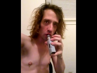 Topless Transgirl Vaping at the Day Prior to 12 Months on HRT/Estrogen