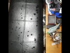 His cock explodes rubbing one out while the wife watches