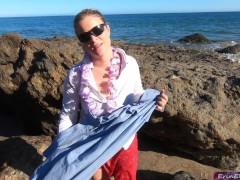 Blonde tour guide blows tourist on the beach then fucks back at her place