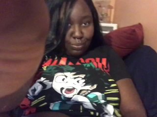 Ebony nerd slurping and riding 9inch_dildo