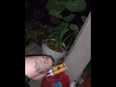 Playing with my fat pussy naked on my porch 