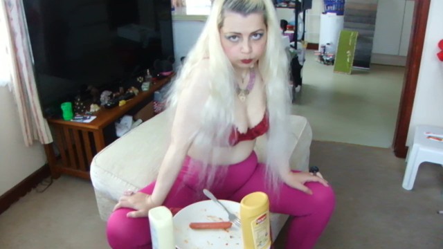 I Eat Tasty Sausage! In Purple Pantyhose, Sexy Cherry Bra, Long Blonde Hair