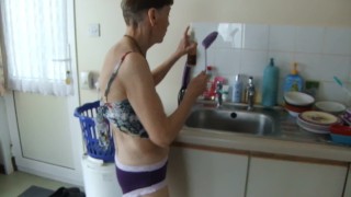 Washing Dishes In Purple Knickers And Sexy Top, Long Slim Legs...LOOK At Me