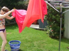 Hanging Washing Outside In Sexy Outfit! Purple Knickers, Nice Top Sexy Legs