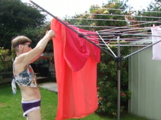 Hanging Washing Outside In Sexy Outfit! Purple Knickers, Nice Top Sexy Legs