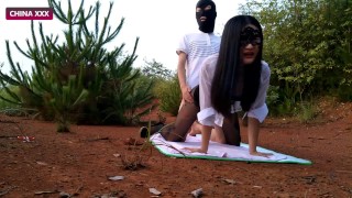 Outdoors Amateur Masked Chinese Couple Fuck