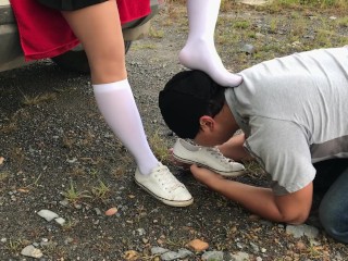 Femdome Slave Lick Shoes School Girl Kiss and Sniff Feet
