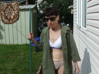 Sexy Cleaning In My Garden In Man's Shirt And Sexy Lingerie...Pulling Weed!