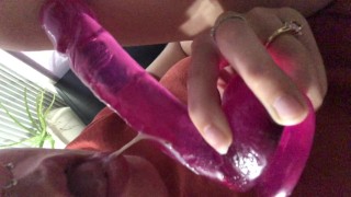 teen fucks tight pussy with dildo and licks up cum